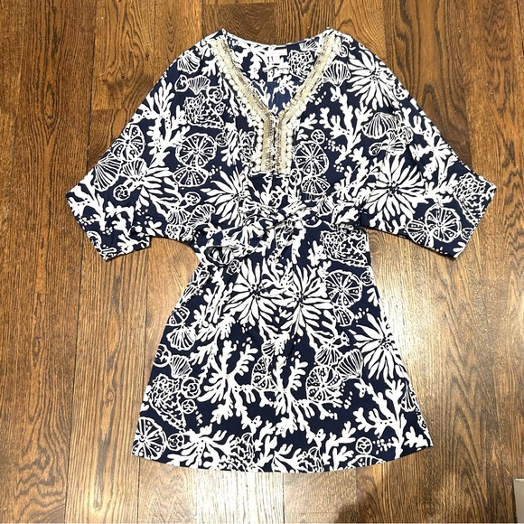 Lilly Pulitzer Dresses & Skirts - Lilly Pulitzer Navy & White Beaded Wilda Caftan Tunic Dress